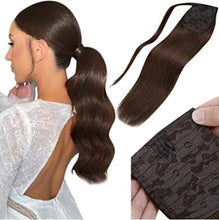 Load image into Gallery viewer, CHOCOLATE BROWN (4) HUMAN PONYTAIL CLIP IN HAIR EXTENSIONS 16 / 20 INCH  **THICK***