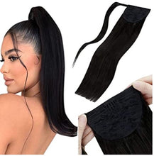 Load image into Gallery viewer, NATURAL BLACK (1) HUMAN PONYTAIL CLIP IN HAIR EXTENSIONS 16 / 20 INCH **THICK***